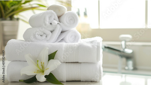 Fresh white towels, ideal for spa and hygiene themes.