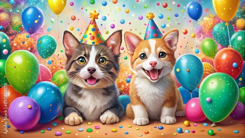 Adorable cartoon cat and dog friends surrounded by colorful confetti and balloons in a playful whimsical illustration backdrop.