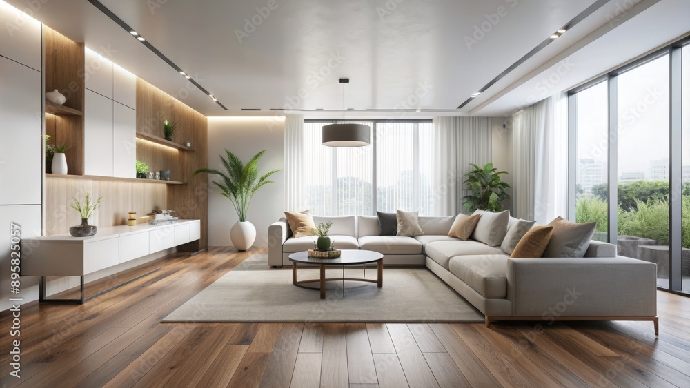 Fototapeta premium Serene minimalist interior with pristine white walls, sleek wooden floors, and sparse modern decor exudes understated luxury and refined sophistication.