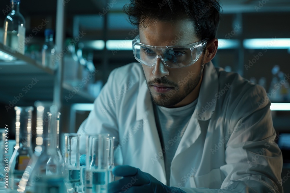 A scientist dressed in a white lab coat and protective gloves works with test tubes in a laboratory setting, indicating a focus on scientific research and experimentation. A scientist dressed in a white lab coat and protective gloves works with test tubes in a laboratory setting, indicating a focus on scientific research and experimentation.