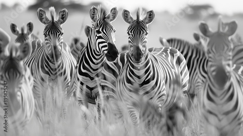 Monochrome photo of a group of zebras on a grassy plain, with two zebras in the front