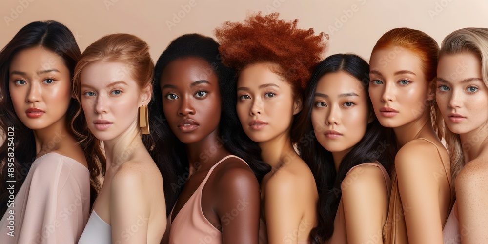 Fototapeta premium A group of women with different skin tones are standing in a row. Concept of diversity and inclusivity, celebrating the beauty of all skin tones