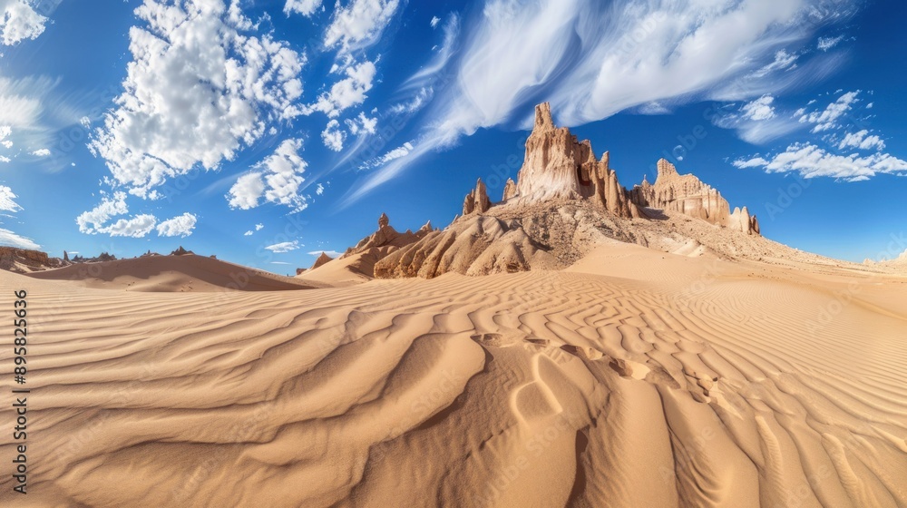 Naklejka premium A Desert Landscape With Sandy Dunes And Tall Rock Formations Under A Blue Sky With White Clouds