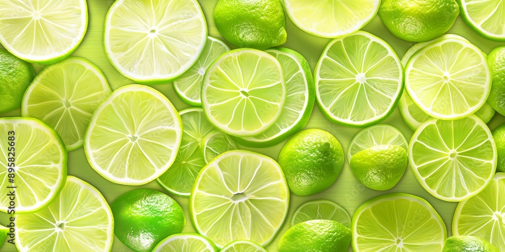 A close up of lime slices on a green background. The lime slices are arranged in a way that they look like they are in a pile A close up of lime slices on a green background. The lime slices are arranged in a way that they look like they are in a pile