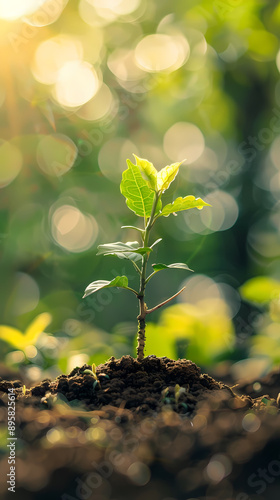 Young sapling growing in the morning light