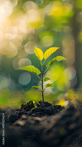 Young sapling growing in the morning light