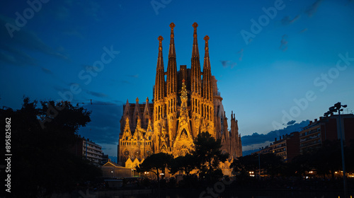 The Sagrada Familia Cathedral at night, illuminated by lanterns of warm light
