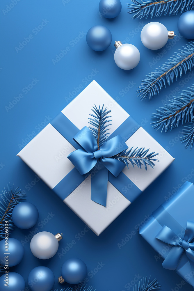Fototapeta premium Elegant Christmas gift wrapped in white and blue, surrounded by matching ornaments and pine branches, creating a stylish holiday scene.