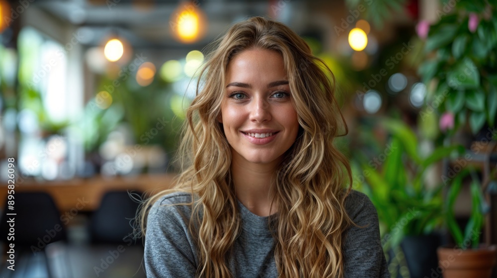 Obraz premium a young woman with long blonde hair, sitting in a restaurant with a smile on her face.