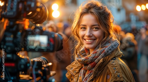 A young woman smiling for the camera. She is on a movie set, possibly an actress. 