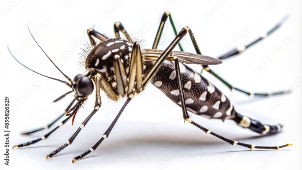 Macro shot of Aedes aegypti mosquito on a white background, highlighting its distinct white and black striped body and legs. Macro shot of Aedes aegypti mosquito on a white background, highlighting its distinct white and black striped body and legs.