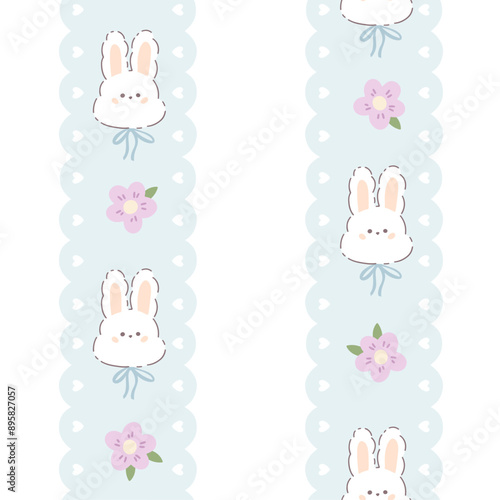 Cute vertical border vector seamless pattern, kawaii bunny rabbit and flowers. Hand-drawn animal character in a simple cartoon style in a pastel palette for baby prints, clothes, textiles, wallpapers