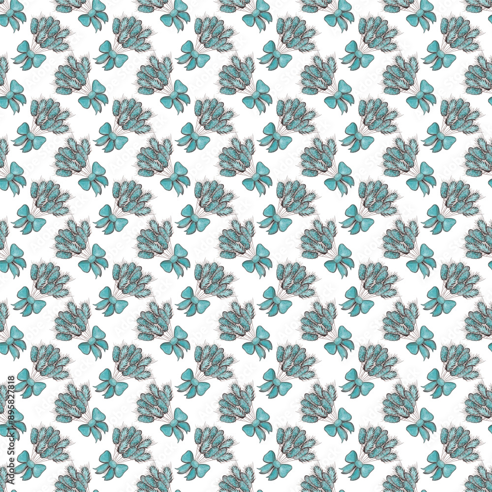 Fototapeta premium Bouquets of dried flowers. Mint watercolor flowers. Floral seamless pattern. White background