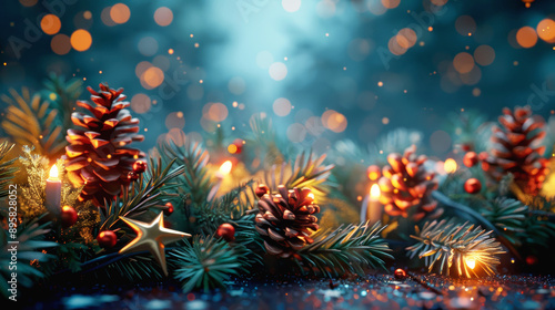 Wallpaper Mural Christmas pine cone arrangement with candles and lights in a snowy outdoor setting. Torontodigital.ca