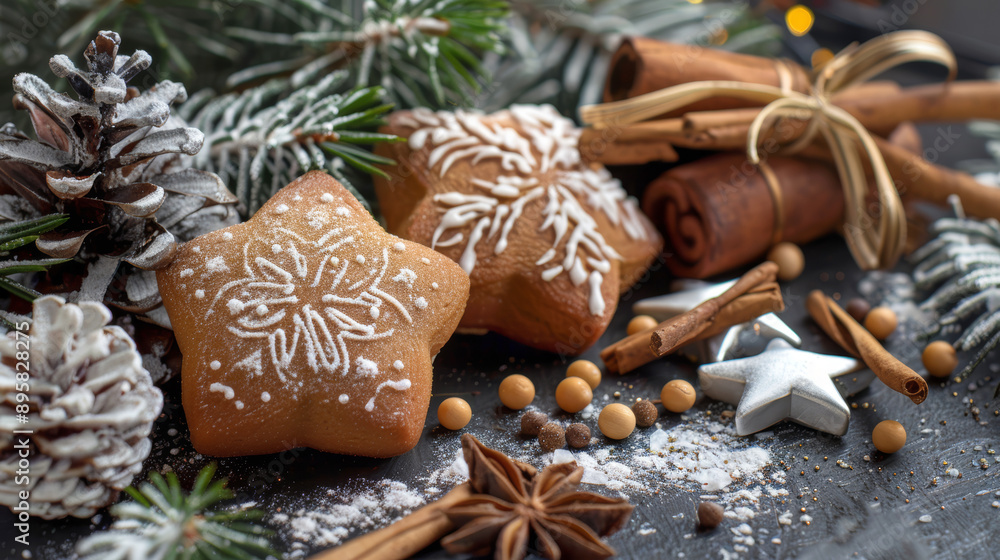 Star shaped Christmas shortbread cookies. Star-shaped Christmas cookies with icing and red sprinkles on a snowy surface with pine cones Star shaped Christmas shortbread cookies. Star-shaped Christmas cookies with icing and red sprinkles on a snowy surface with pine cones