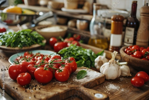 A cutting board with red tomatoes, green herbs, garlic, and various condiments arranged amidst a well-stocked kitchen, ready for making a flavorful meal.