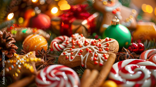 Star shaped Christmas shortbread cookies. Star-shaped Christmas cookies with icing and red sprinkles on a snowy surface with pine cones