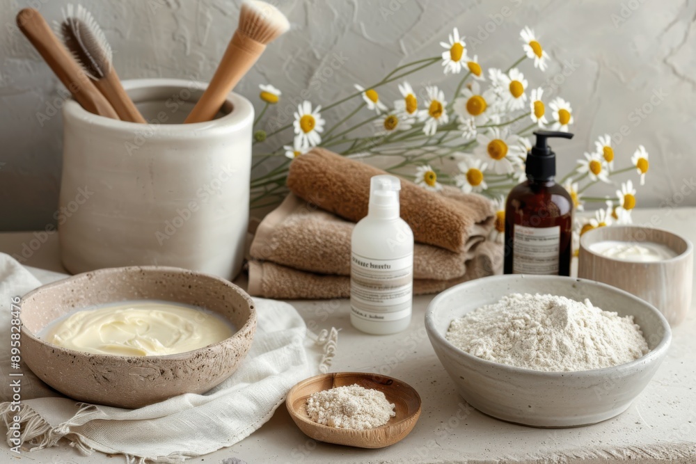 Natural skincare ingredients, including powder and liquid forms, along with brushes and tools, are arranged on a surface with chamomile flowers for a fresh, organic aesthetic. Natural skincare ingredients, including powder and liquid forms, along with brushes and tools, are arranged on a surface with chamomile flowers for a fresh, organic aesthetic.