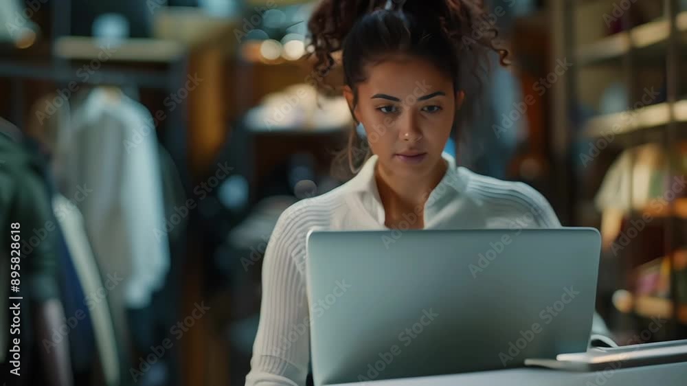 self employed tailor small business owner using laptop in her office, fashion designer at workshop self employed tailor small business owner using laptop in her office, fashion designer at workshop
