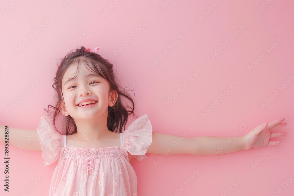 A young girl with a bright smile and arms outstretched, lying on a soft pink background. A young girl with a bright smile and arms outstretched, lying on a soft pink background.