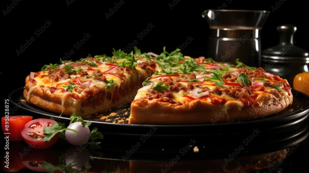 A gray background showcases a top down view of an Italian pizza split in half creating a flat lay banner that offers copy space for text A gray background showcases a top down view of an Italian pizza split in half creating a flat lay banner that offers copy space for text
