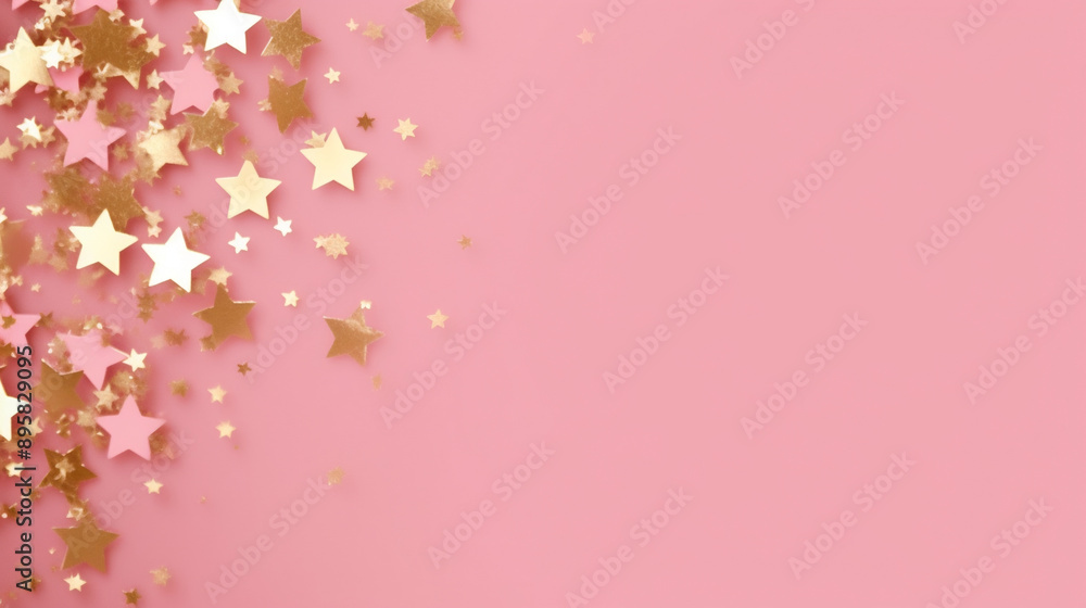 Pink background with golden stars falling from the top, simple and cute, wallpaper, background, backdrop. Pink background with golden stars falling from the top, simple and cute, wallpaper, background, backdrop.