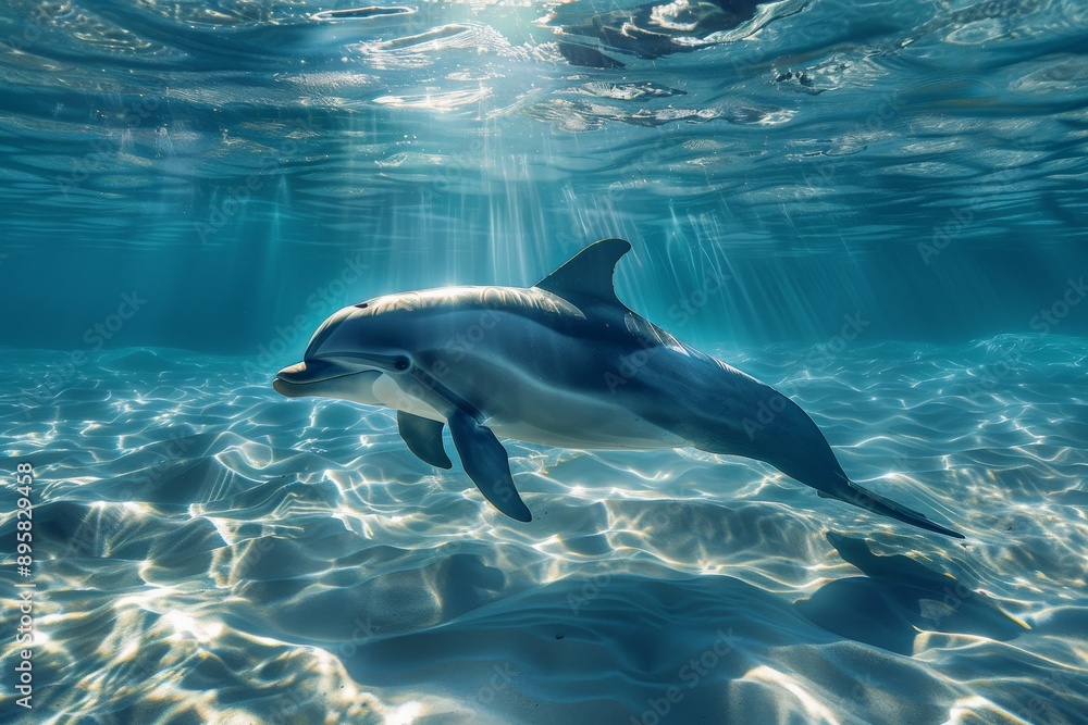 Obraz premium A majestic dolphin swims freely in a clear blue oceanic scene, surrounded by the tranquil underwater environment, showcasing its natural beauty and fluid movement.