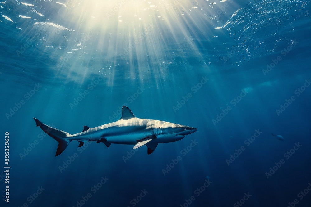 A solitary shark glides through the rays of sunlit ocean water, embodying a sense of solitude and grace. The peaceful underwater scenery contrasts with its powerful presence. A solitary shark glides through the rays of sunlit ocean water, embodying a sense of solitude and grace. The peaceful underwater scenery contrasts with its powerful presence.