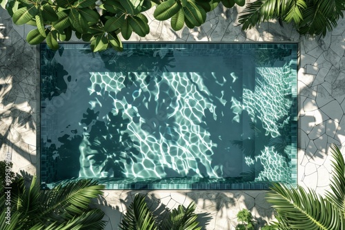 A top-down view of a square swimming pool with beautiful reflections of light and surrounding plants in the water, creating a peaceful and harmonious ambiance. photo