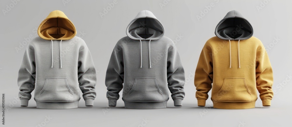 Three Hoodies in Grey, Yellow, and Grey Three Hoodies in Grey, Yellow, and Grey