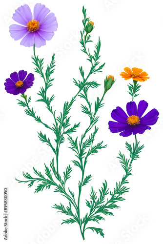 Three marigolds and four purple flowers of space with decorative and curved branches arranged neatly and simply © Artsy