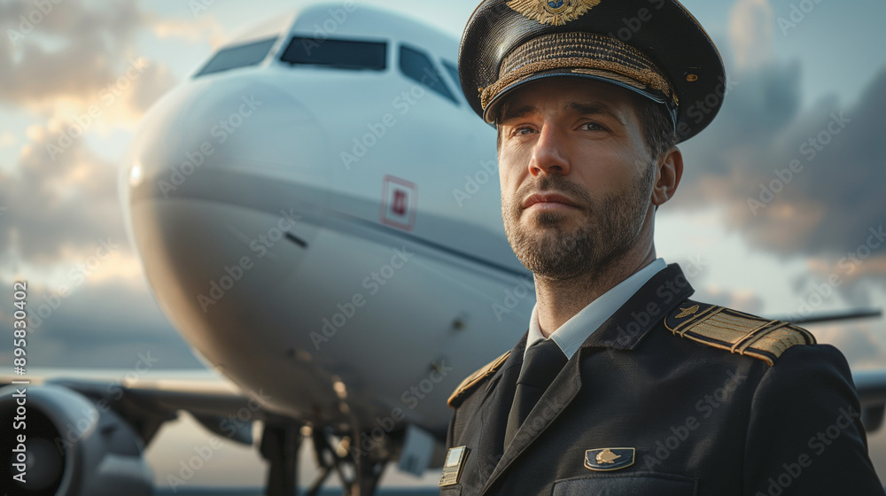 Pilot in uniform standing confidently in front of private jet Pilot in uniform standing confidently in front of private jet