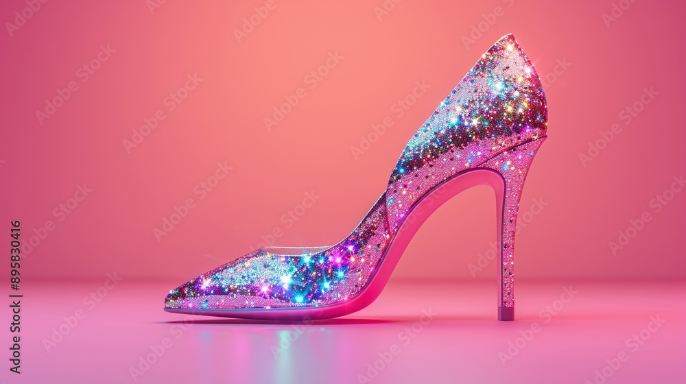 Elegant High Heel Shoe with Sparkling Glitter on Pink Background - Fashionable Footwear for Glamorous Occasions Elegant High Heel Shoe with Sparkling Glitter on Pink Background - Fashionable Footwear for Glamorous Occasions