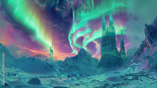 Snow-covered landscape with a grand, distant castle under mesmerizing green auroras, creating a scene of mystical allure and ancient wonder surrounded by celestial beauty. © ChaoticMind