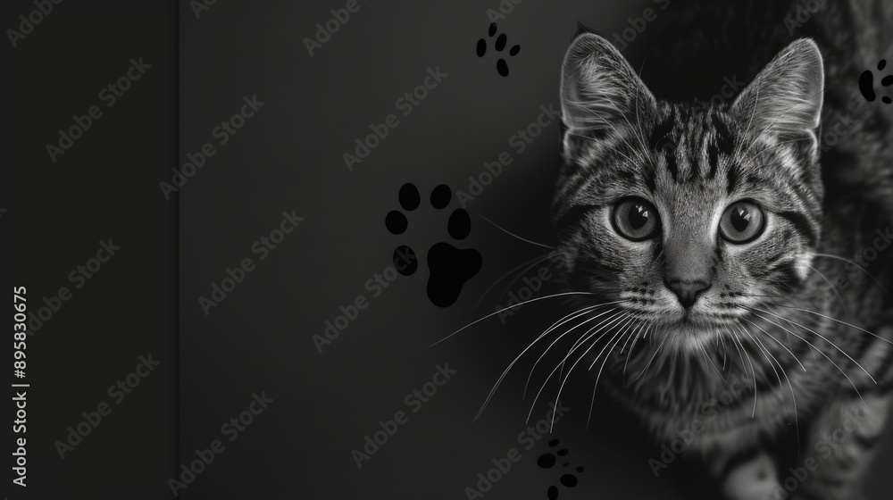 Cute Kitten with Paw Prints on Dark Background Cute Kitten with Paw Prints on Dark Background