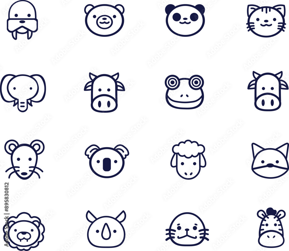 a set of different animals and animals with faces, animal icons, sheep, frog, cow, cat, mouse, walrus, rhino, seal, lion, fox a set of different animals and animals with faces, animal icons, sheep, frog, cow, cat, mouse, walrus, rhino, seal, lion, fox