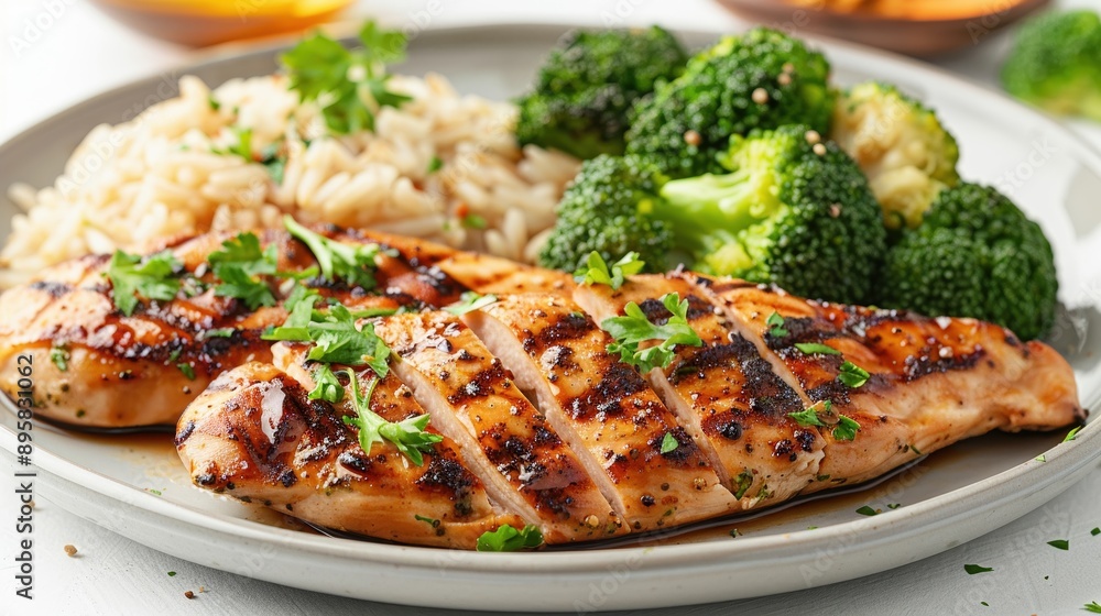 Grilled Chicken Breast with Rice and Broccoli on a Plate - Healthy and Delicious Meal for a Balanced Diet Grilled Chicken Breast with Rice and Broccoli on a Plate - Healthy and Delicious Meal for a Balanced Diet