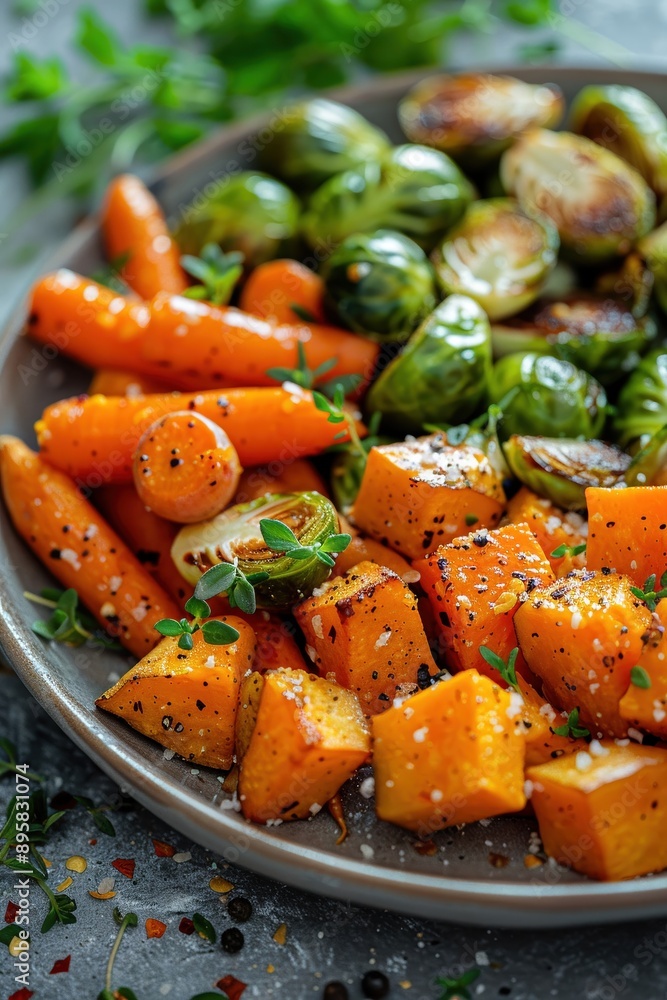 Freshly Roasted Vegetables on a Plate with Seasoning and Herbs, Featuring Carrots, Brussels Sprouts, and Sweet Potatoes, Perfect for Healthy Eating, Vegetarian, and Vegan Diets Freshly Roasted Vegetables on a Plate with Seasoning and Herbs, Featuring Carrots, Brussels Sprouts, and Sweet Potatoes, Perfect for Healthy Eating, Vegetarian, and Vegan Diets