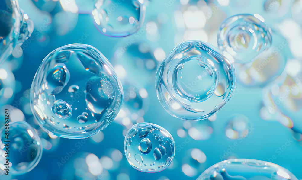 oil bubbles floating against a light background. The bubbles are semi-transparent with a reflective quality oil bubbles floating against a light background. The bubbles are semi-transparent with a reflective quality