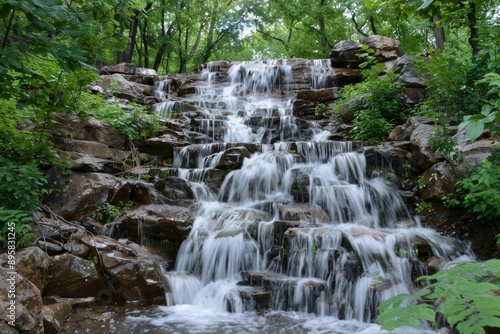 A serene, beautiful waterfall gracefully falling amidst vibrant greenery. Beautiful landscape
