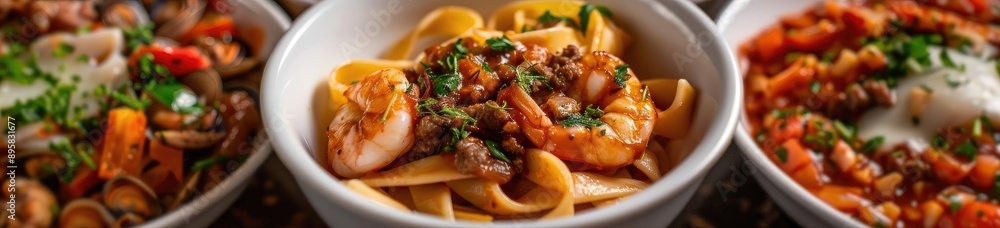 Delicious pasta dishes with a variety of toppings, including shrimp, vegetables, and cheese in white bowls. Delicious pasta dishes with a variety of toppings, including shrimp, vegetables, and cheese in white bowls.