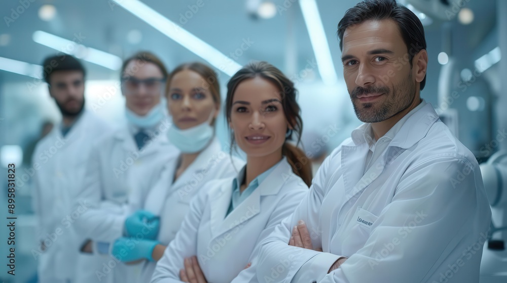 Fototapeta premium A group of confident scientists in lab coats pose together, showcasing teamwork and innovation in a modern laboratory.