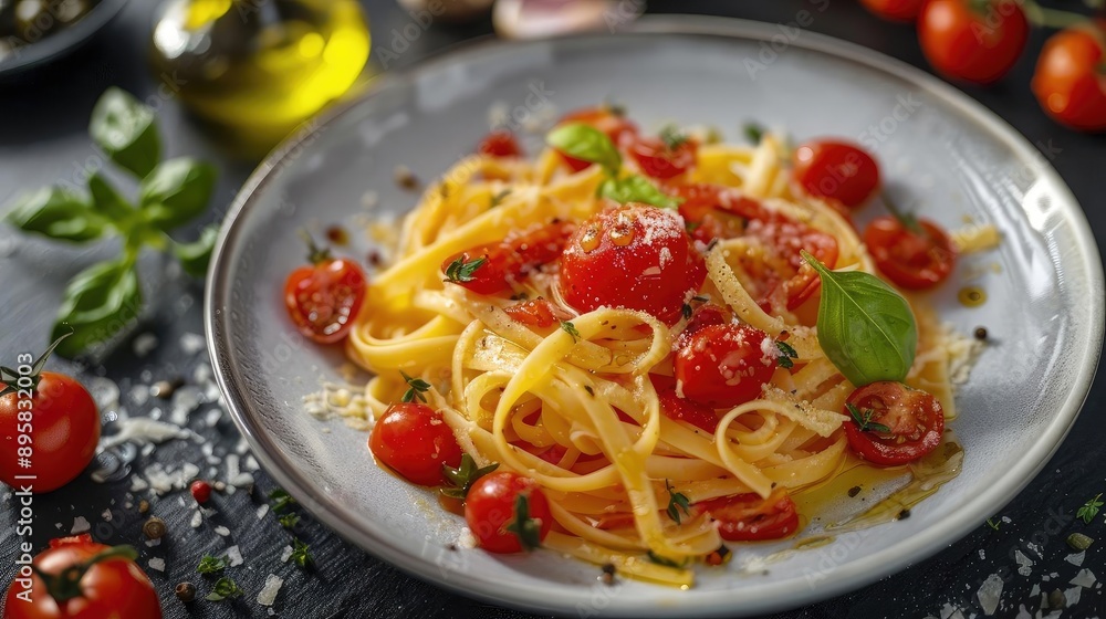 Delicious plate of fresh pasta with cherry tomatoes, garnished with basil and Parmesan cheese, perfect for an authentic Italian meal. Delicious plate of fresh pasta with cherry tomatoes, garnished with basil and Parmesan cheese, perfect for an authentic Italian meal.