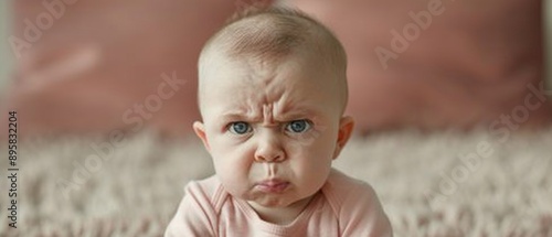 Image features a baby with blue eyes and blonde hair, frowning or mildly angry, on a beige carpet in a pink outfit. Background hints at a pink element, potentially a wall. No text visible.