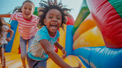 Group of children laugh and jump in a brightly colored bounce house, capturing the essence of carefree childhood fun