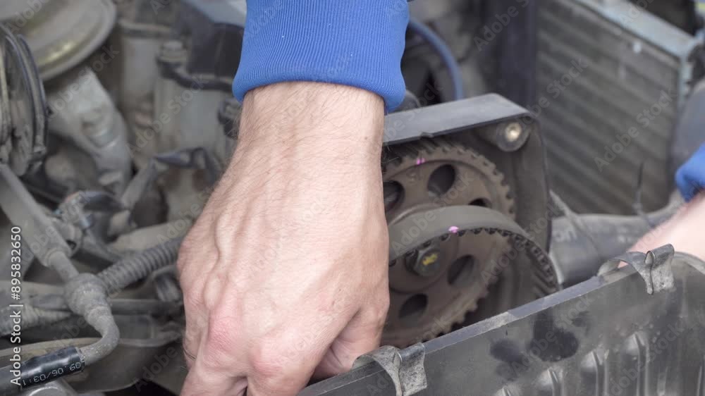 a car mechanic removes a timing belt from a car, car service, car mechanic repairs car a car mechanic removes a timing belt from a car, car service, car mechanic repairs car