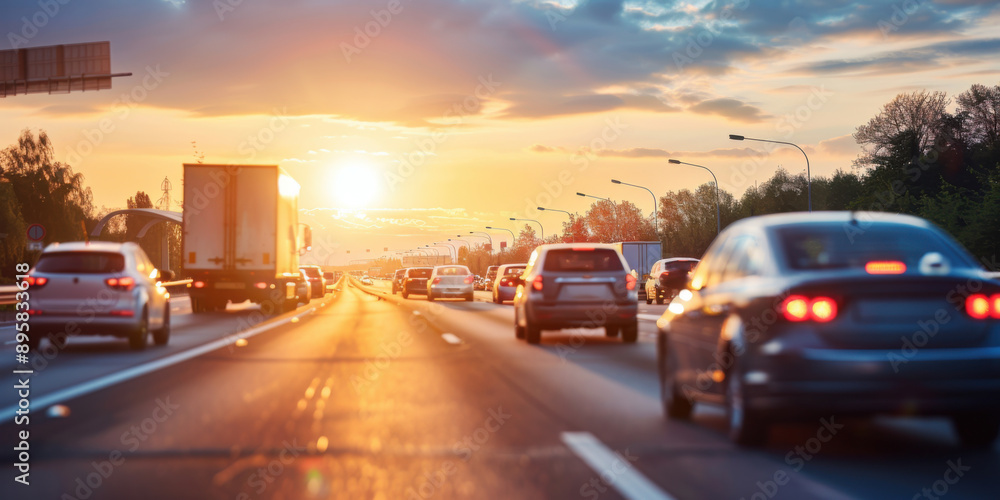 Fototapeta premium A busy highway filled with cars and trucks during sunset, highlighting urban transportation and the end of a workday.
