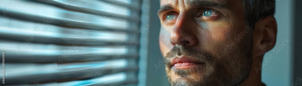 Fototapeta premium A man looks out a window with a thoughtful expression.