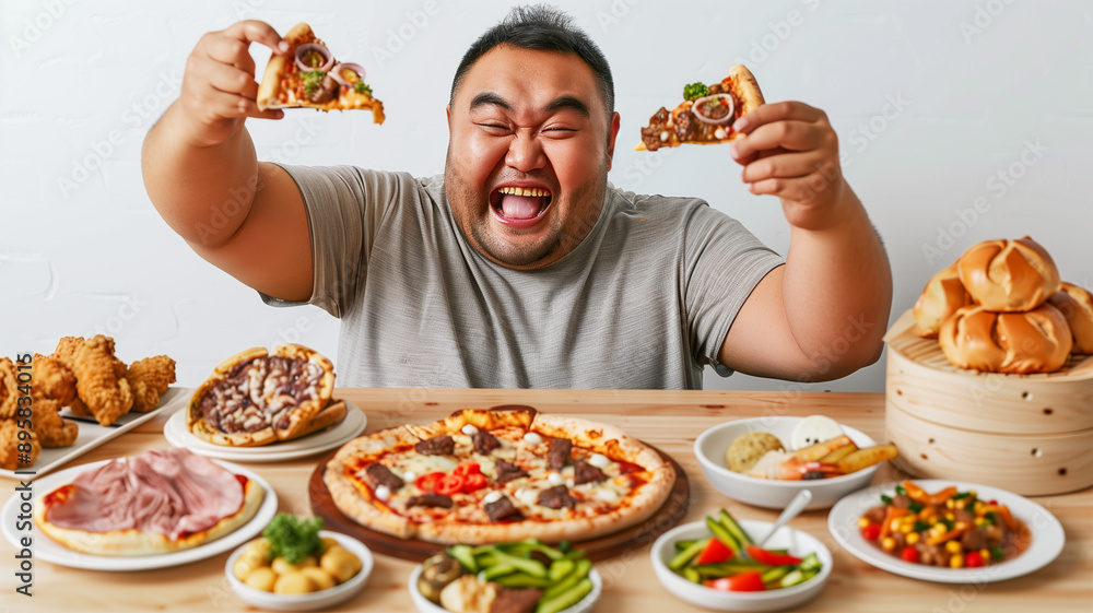 ピザを食べる日本人男性 ピザを食べる日本人男性