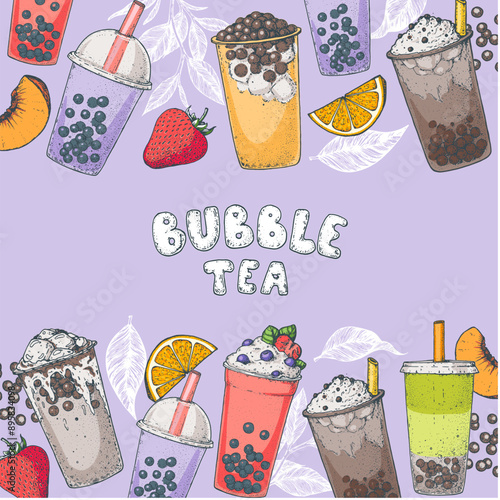 Bubble tea frame. Hand drawn vector illustration. Bubble tea sketch collection. Design template.